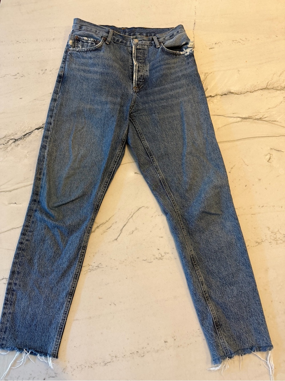 AGOLDE Jamie High Rise Straight Jeans Size 27 Raw Hem Distressed Medium Wash